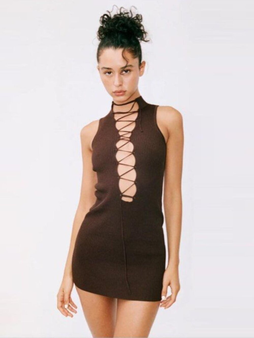 With Jéan Amethyst Brown Ribbed Lace Up Mini Dress XXS